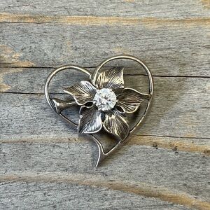 Vintage Sterling Silver & CZ Heart & Flower Brooch